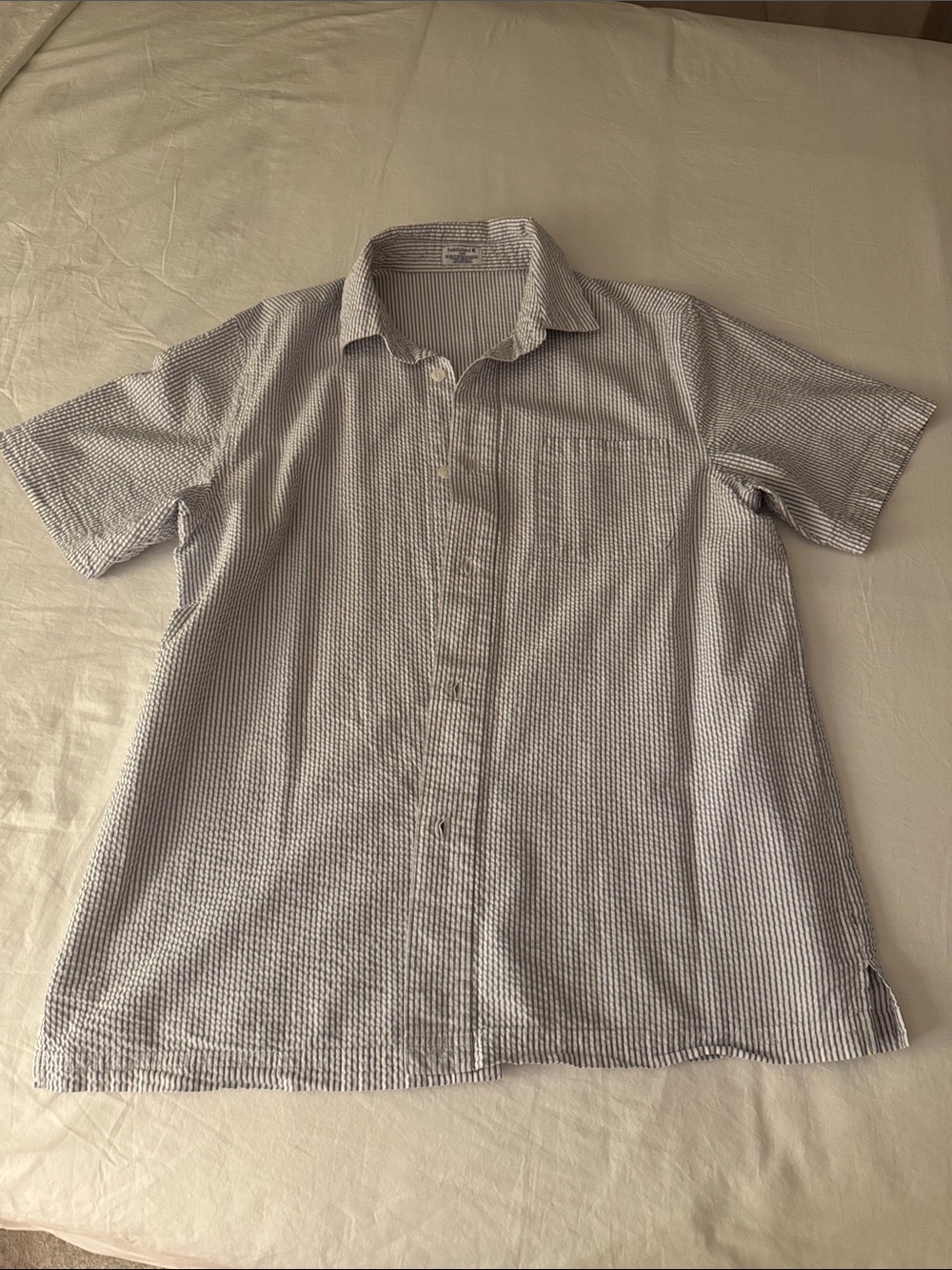 Men's Short-Sleeve Cotton Seersucker Button-Up Shirt - Light Blue/White